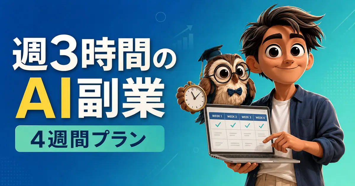 4週間の予定を確認する案内役とフクロウ、週3時間のAI副業プラン