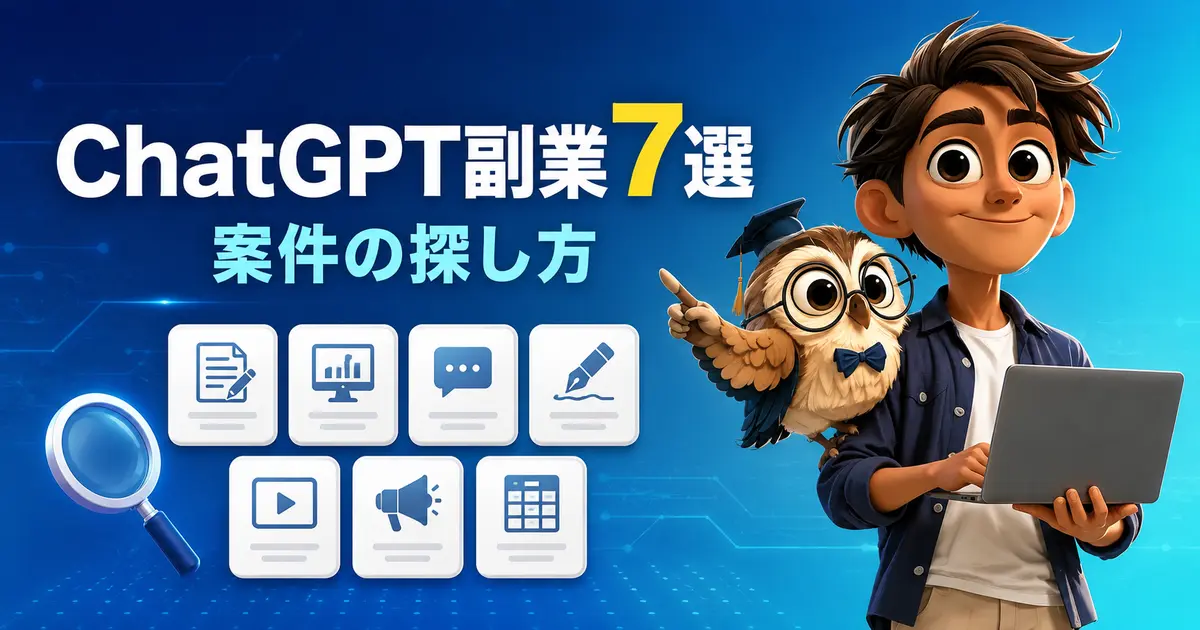 ノートパソコンを持つ案内役とフクロウ、ChatGPT副業7選・案件の探し方