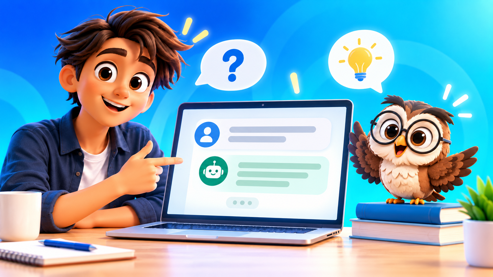 ノートPCでChatGPTに質問する人物とフクロウのイラスト